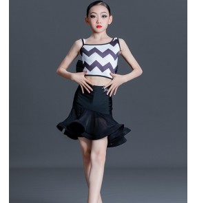 Black with white striped printed latin dance dresses for girls kids children ballroom dancing costumes modern salsa chacha dance wear for children